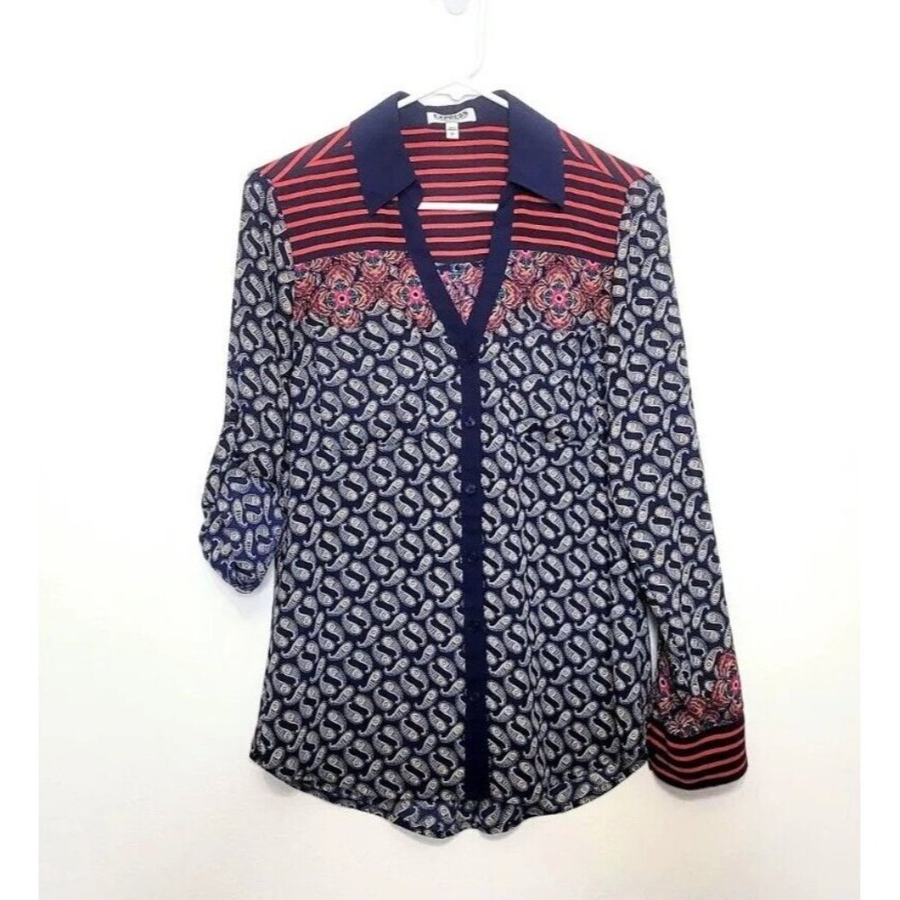 Express Portofino Slim Fit Button Down Shirt Paisley Floral Print Striped Size S - Picture 3 of 12